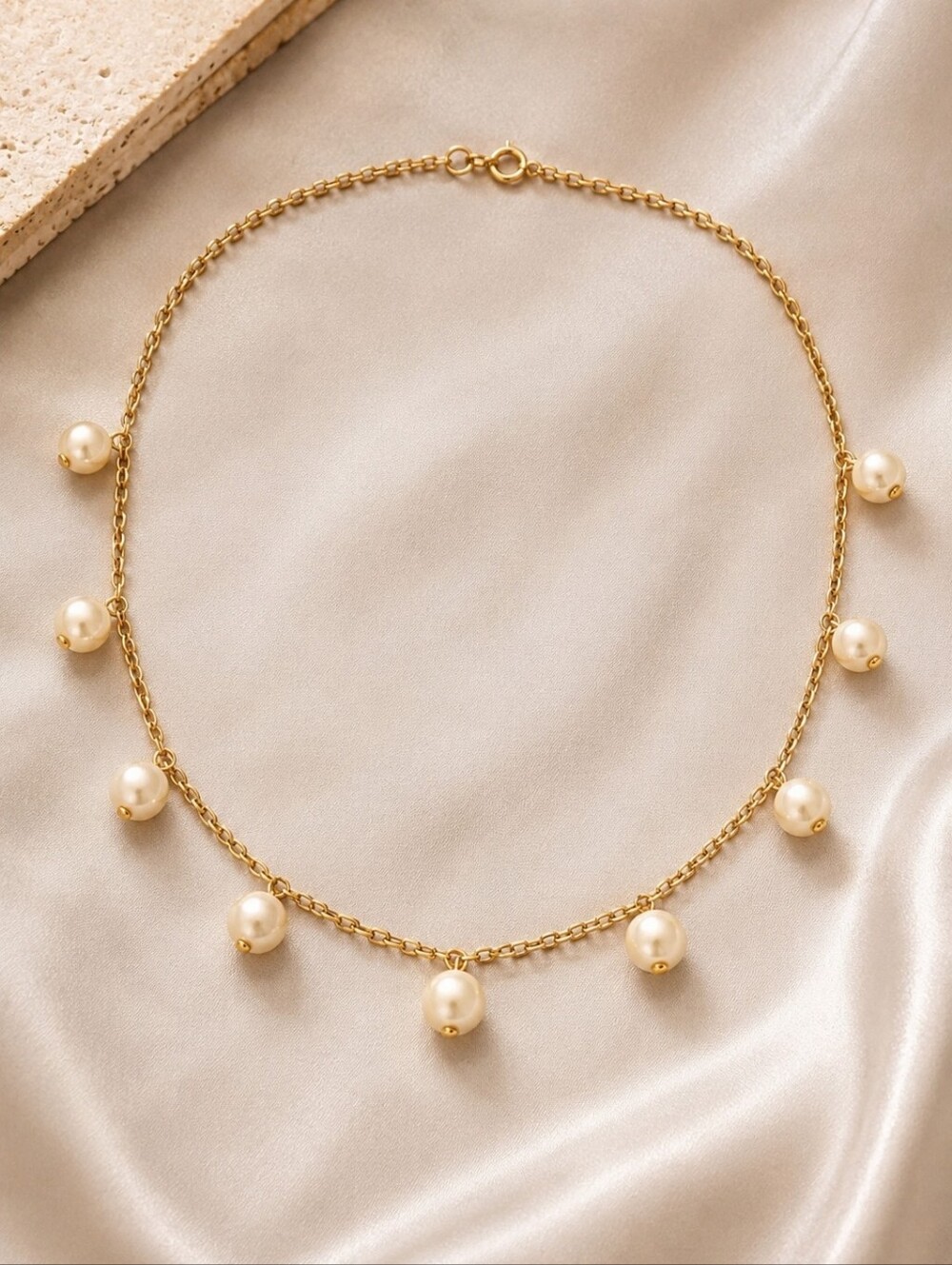 Gold Tone Faux Pearl Station Necklace 16" Dainty Minimalist Choker - Picture 2 of 10